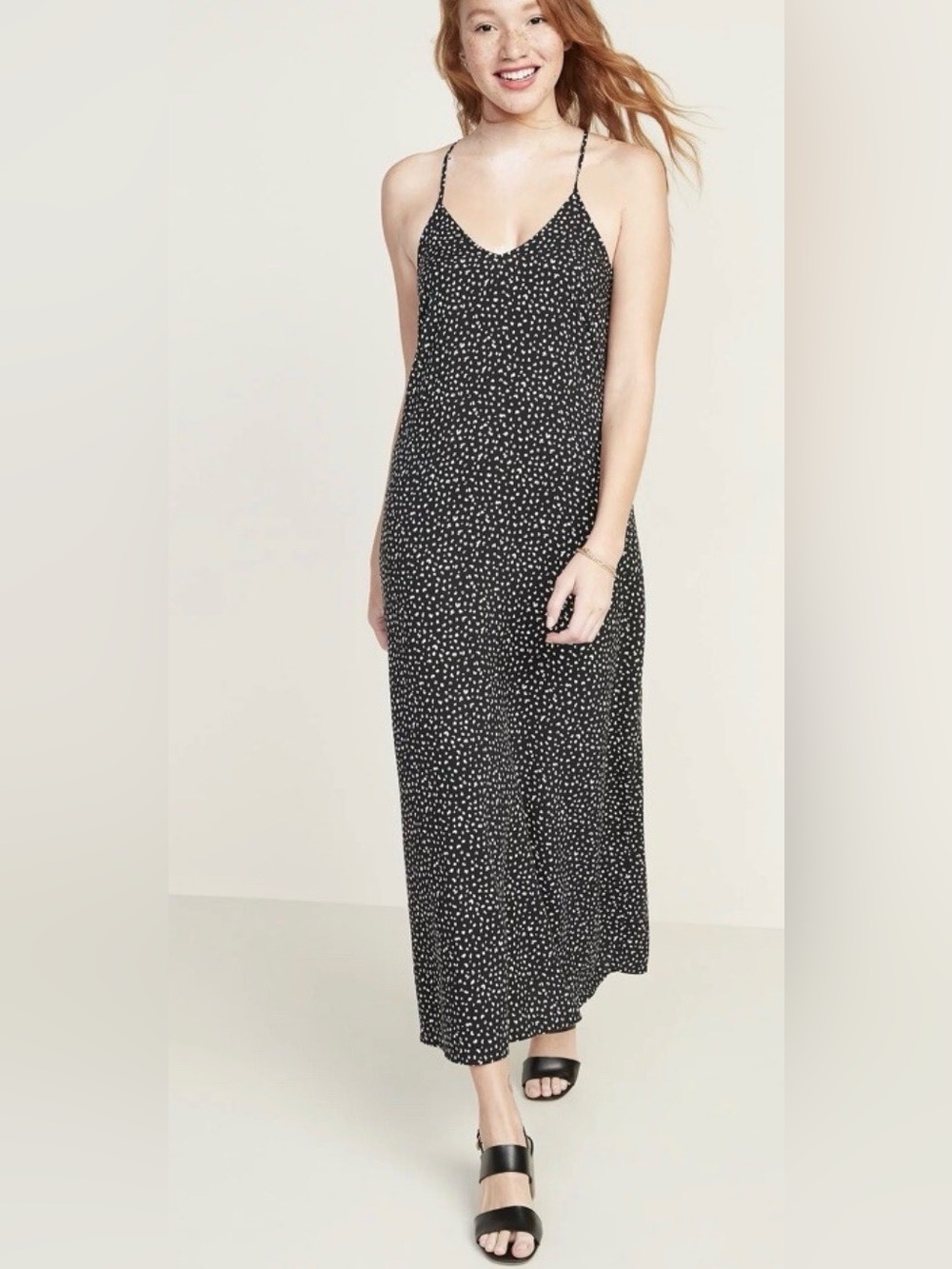 Old Navy Black Maxi Slip Dress with White Dot Print